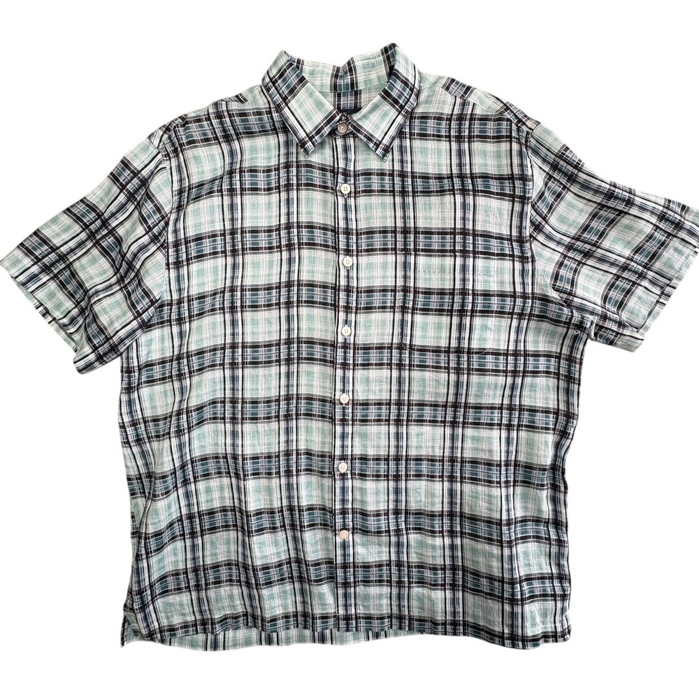 Nat Nast Luxury Originals 100% Linen Shirt Mens XL Ocean Blue Plaid Short Sleeve
